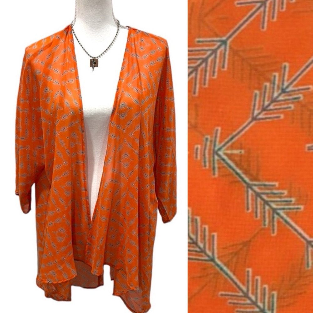 LuLaRoe Sheer Orange Lindsay Kimono With Teal Arrow Print